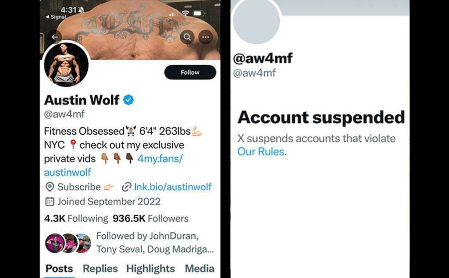 Austin Wolf’s Twitter account was suspended after he filmed having sex with an underage-looking man at John Reed Fitness WeHo